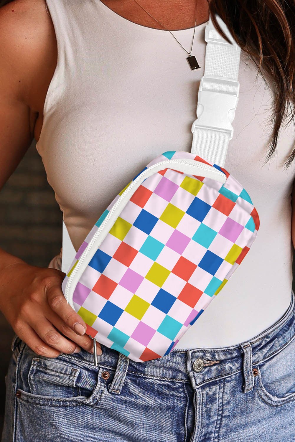 White Colorful Checkered Print Crossbody Bag - MAD RUFFI