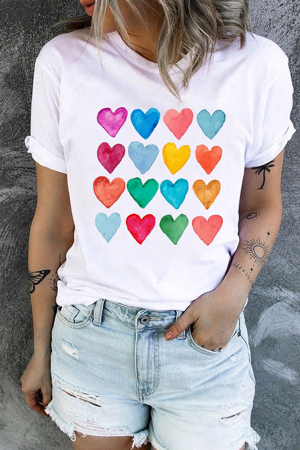 White Colorful Heart Print Graphic Crew Neck T Shirt - MAD RUFFI