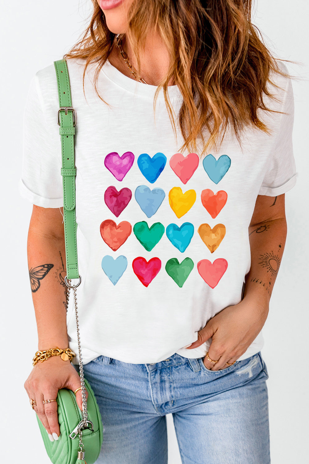 White Colorful Heart Print Graphic Crew Neck T Shirt - MAD RUFFI