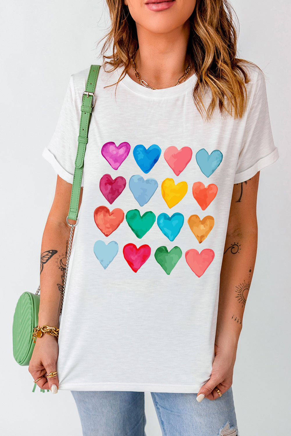 White Colorful Heart Print Graphic Crew Neck T Shirt - MAD RUFFI