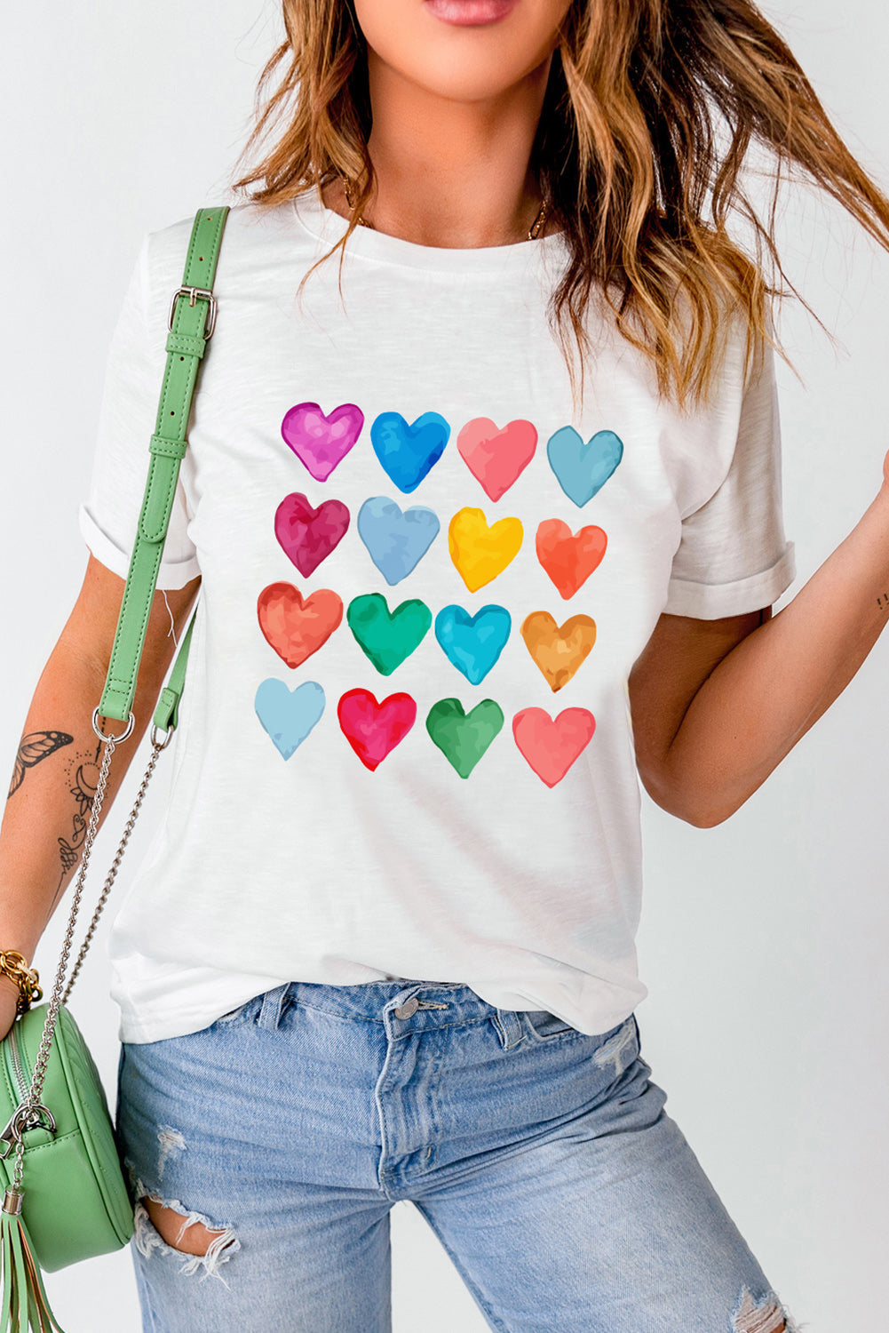 White Colorful Heart Print Graphic Crew Neck T Shirt - MAD RUFFI