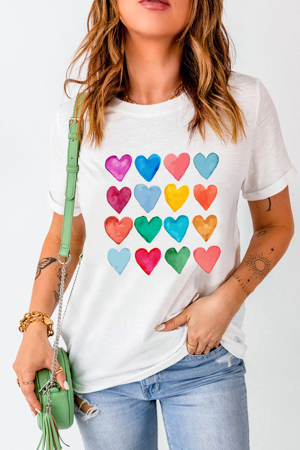 White Colorful Heart Print Graphic Crew Neck T Shirt - MAD RUFFI