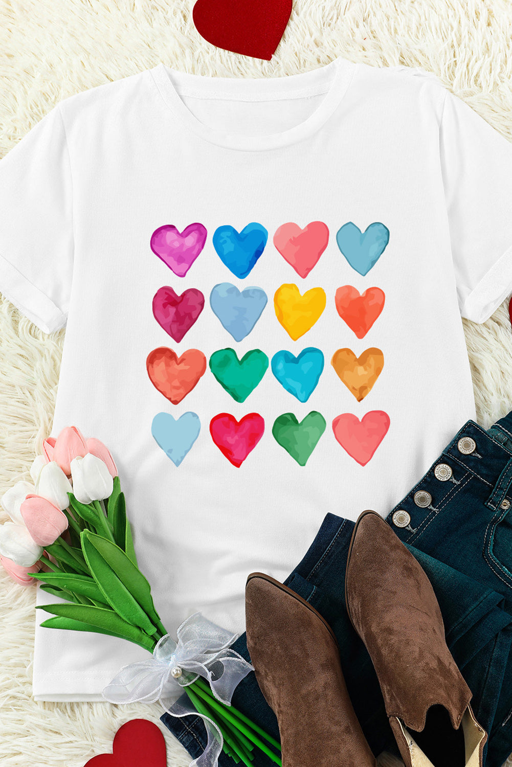 White Colorful Heart Print Graphic Crew Neck T Shirt - MAD RUFFI