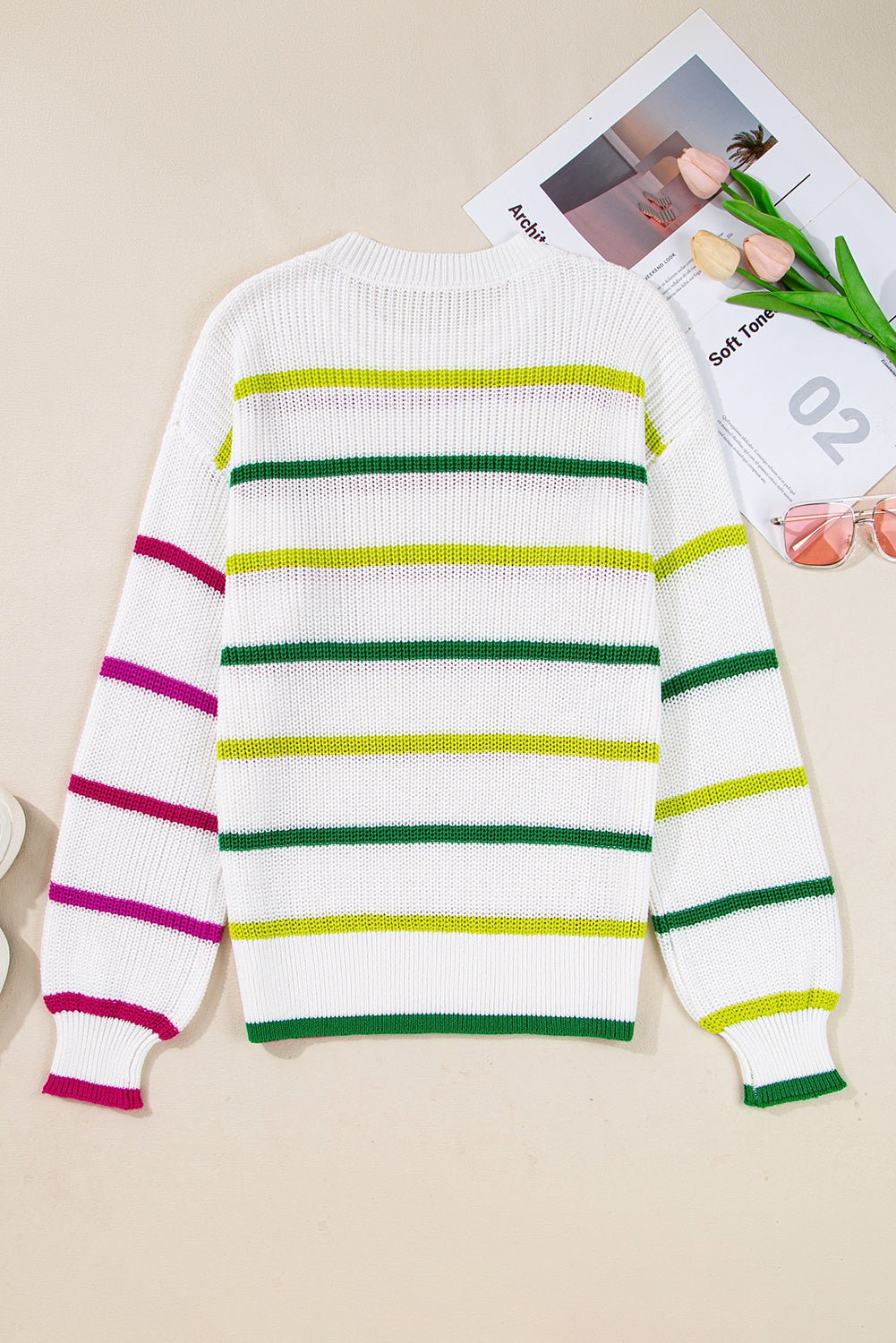 White Colorful Striped Drop Shoulder Crew Neck Sweater - MAD RUFFI