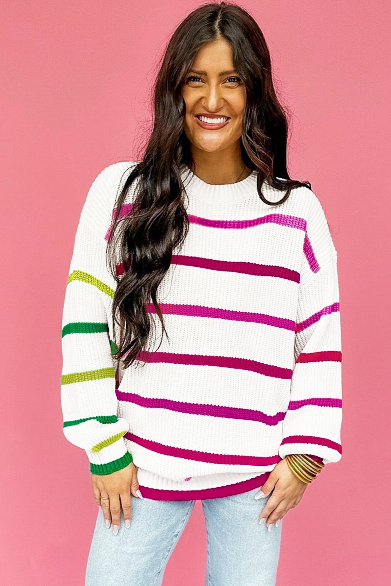 White Colorful Striped Drop Shoulder Crew Neck Sweater - MAD RUFFI