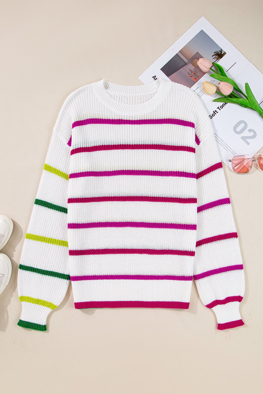 White Colorful Striped Drop Shoulder Crew Neck Sweater - MAD RUFFI