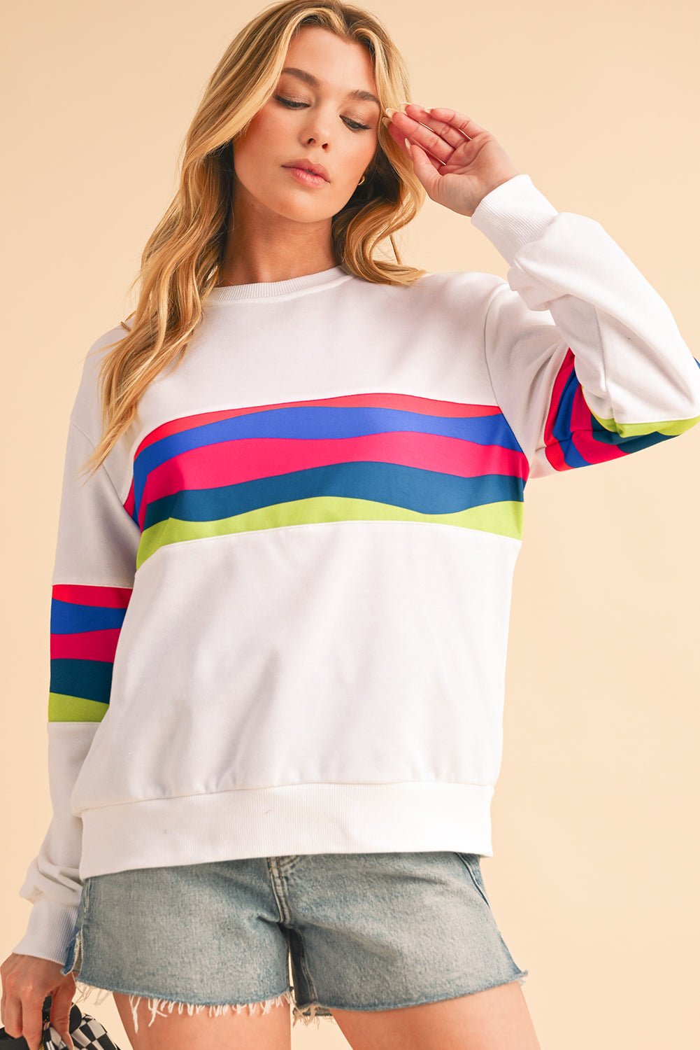 White Colorful Striped Round Neck Long Sleeve Top - MAD RUFFI