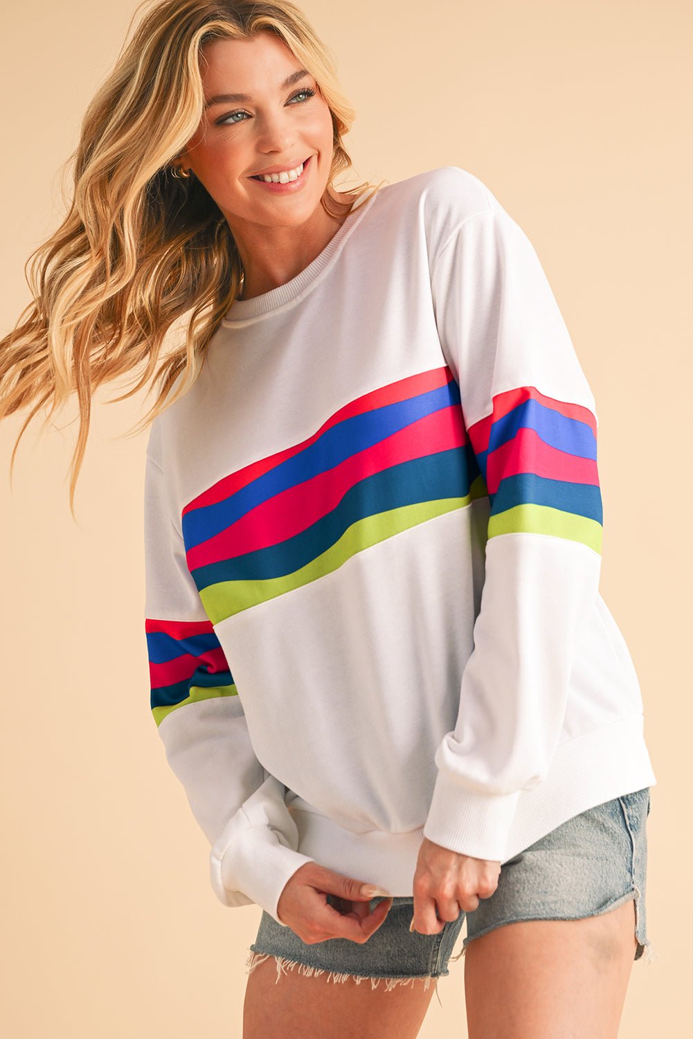 White Colorful Striped Round Neck Long Sleeve Top - MAD RUFFI