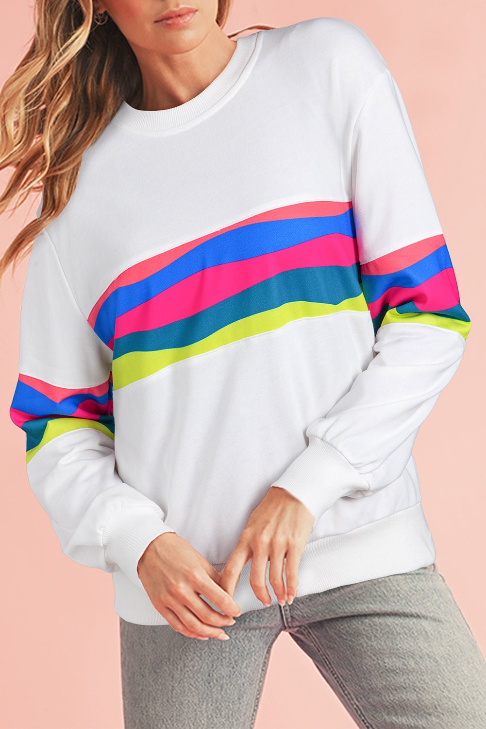 White Colorful Striped Round Neck Long Sleeve Top - MAD RUFFI