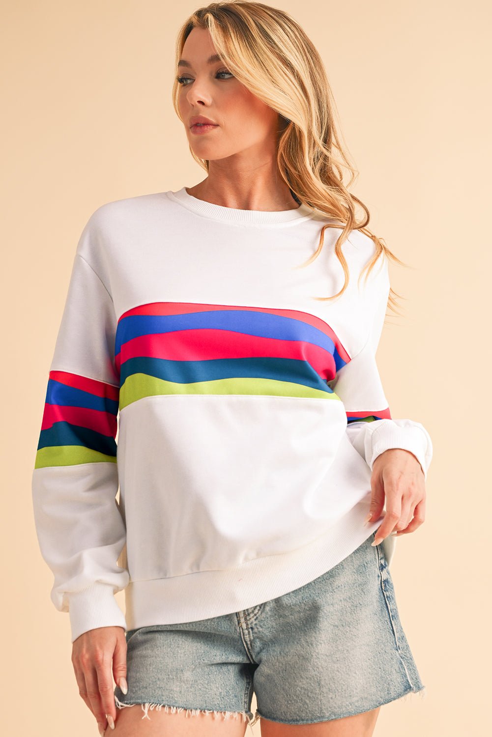 White Colorful Striped Round Neck Long Sleeve Top - MAD RUFFI