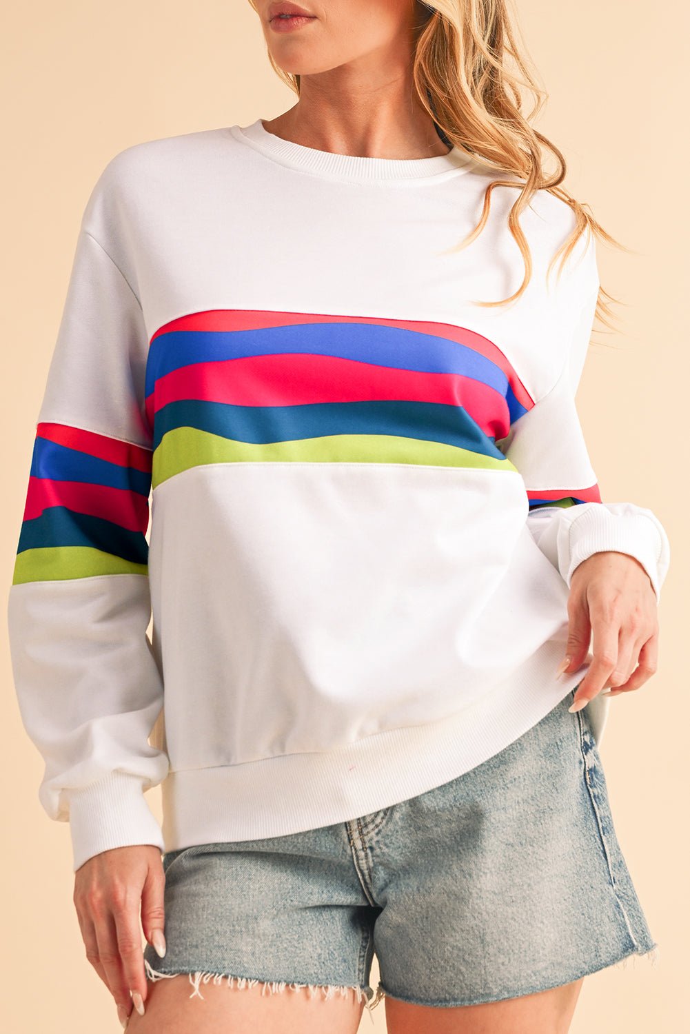 White Colorful Striped Round Neck Long Sleeve Top - MAD RUFFI