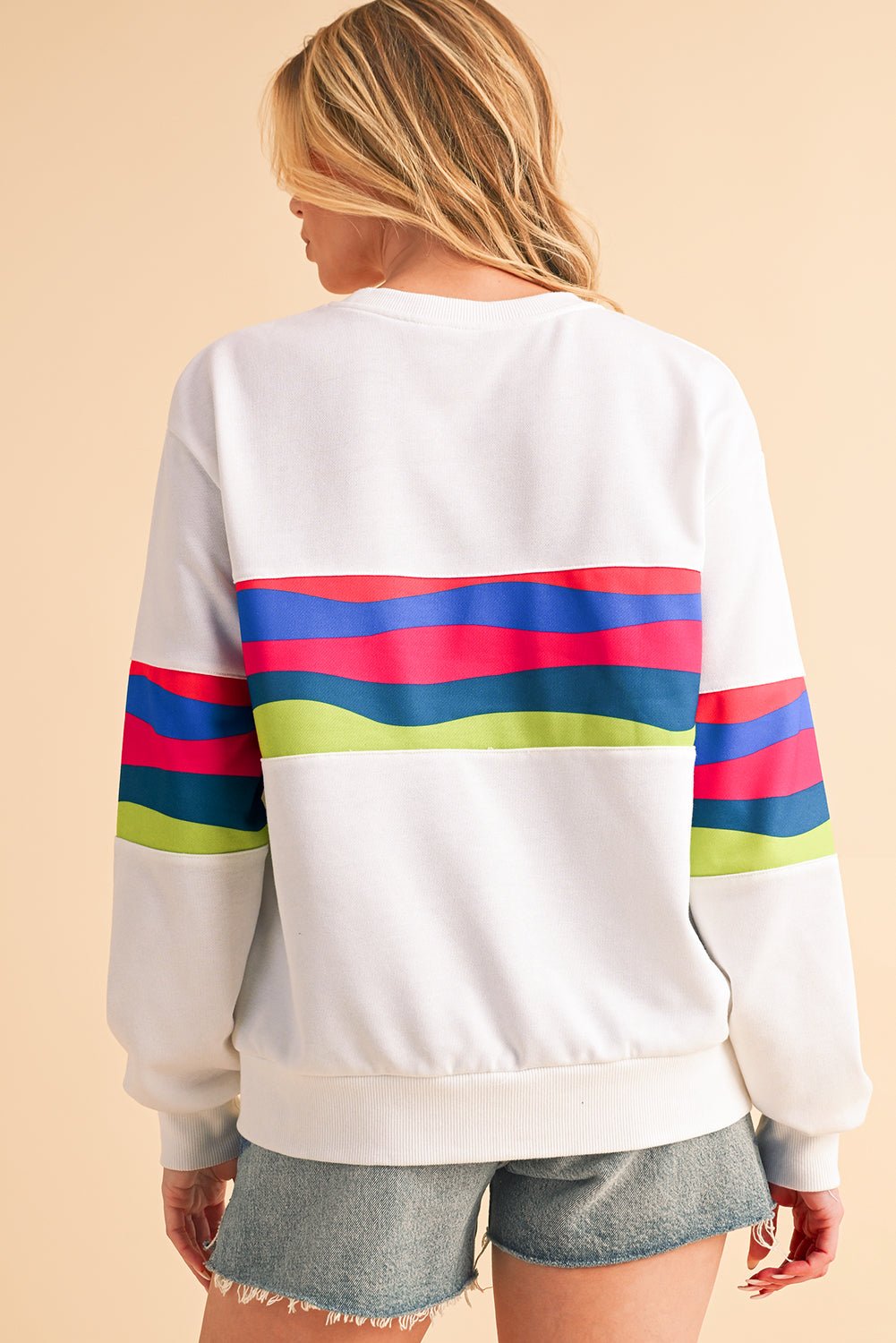 White Colorful Striped Round Neck Long Sleeve Top - MAD RUFFI