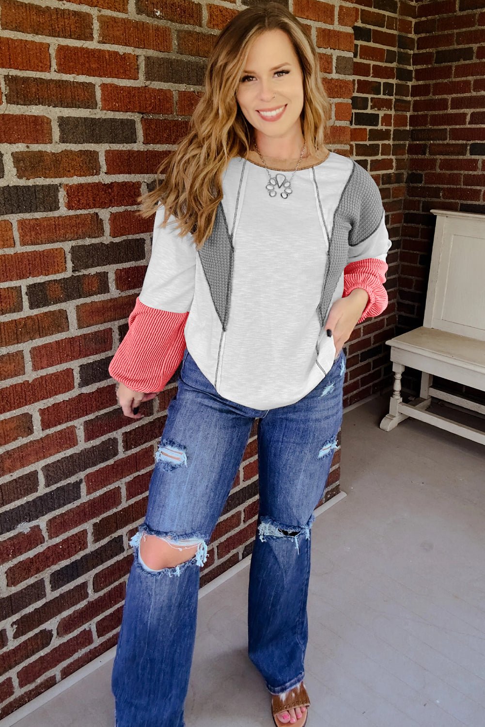 White Contrast Block Mixed Textured Knit Patchwork Casual Top - MAD RUFFI