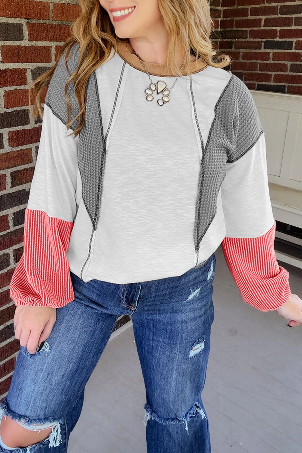 White Contrast Block Mixed Textured Knit Patchwork Casual Top - MAD RUFFI