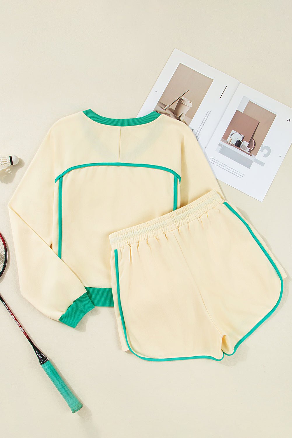 White Contrast Trim Colorblock Long Sleeve Pullover and Drawstring Shorts Set - MAD RUFFI