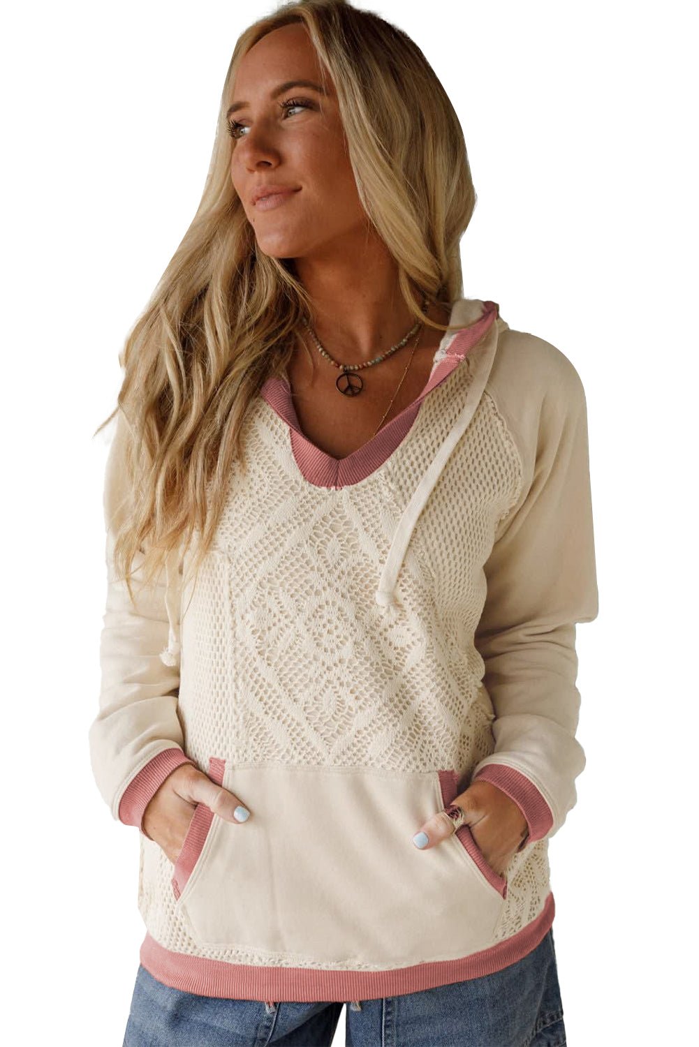White Contrast Trim Crochet Knit Patchwork Exposed Seam Hoodie - MAD RUFFI