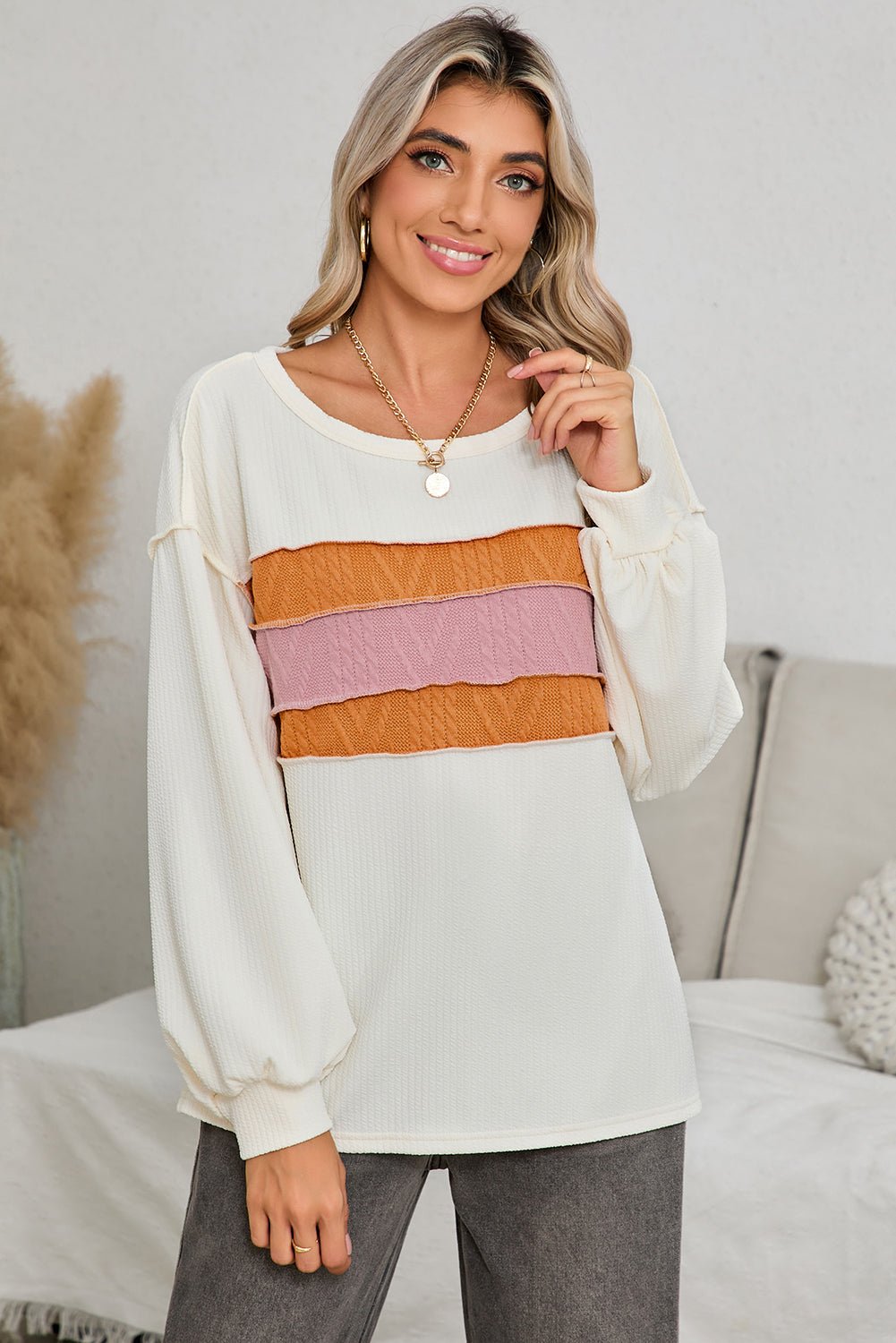 White Corded Exposed Seam Patchwork Drop Sleeve Top - MAD RUFFI