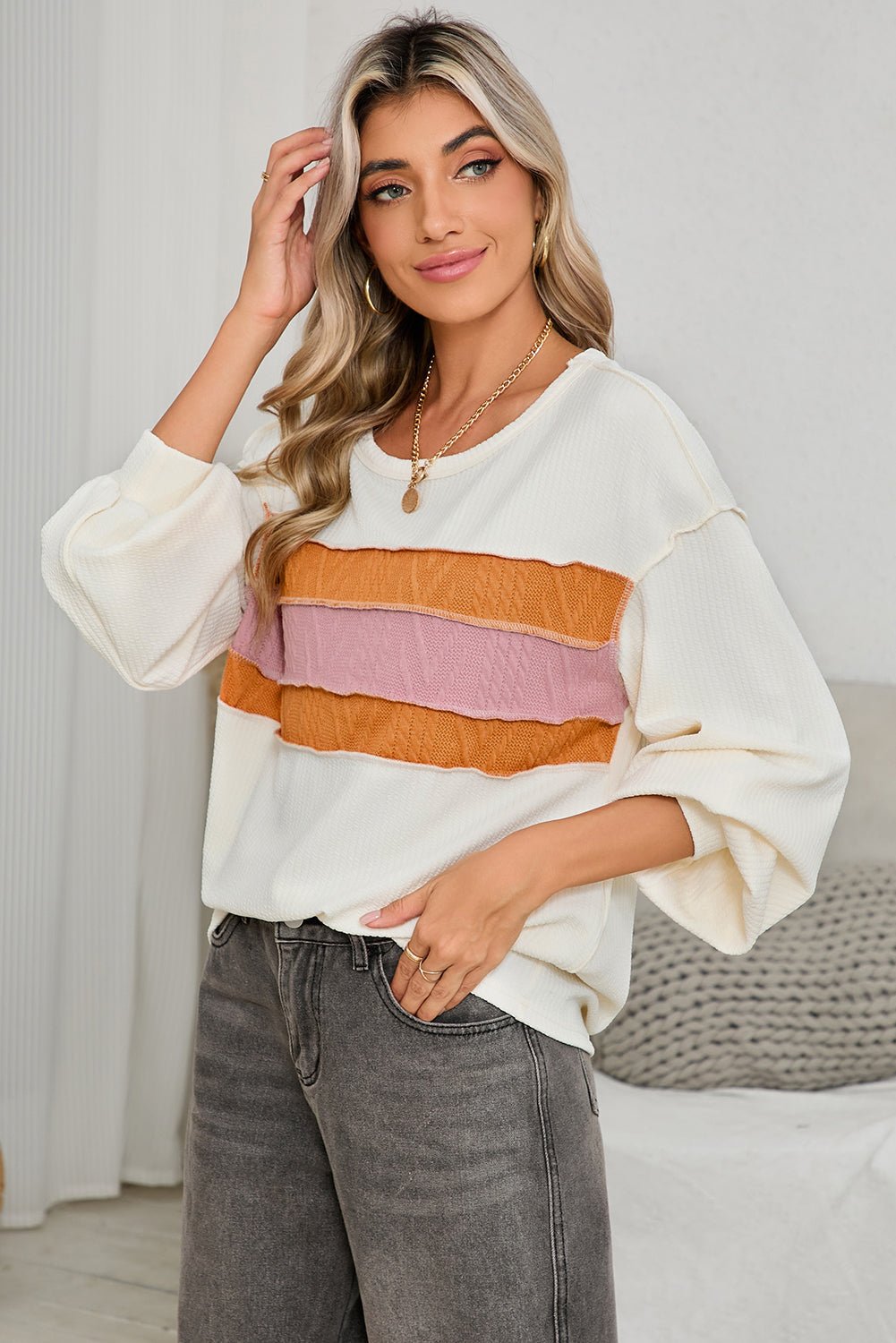 White Corded Exposed Seam Patchwork Drop Sleeve Top - MAD RUFFI