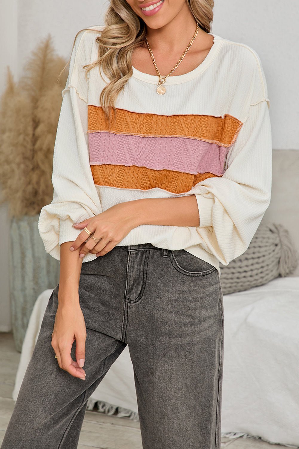 White Corded Exposed Seam Patchwork Drop Sleeve Top - MAD RUFFI