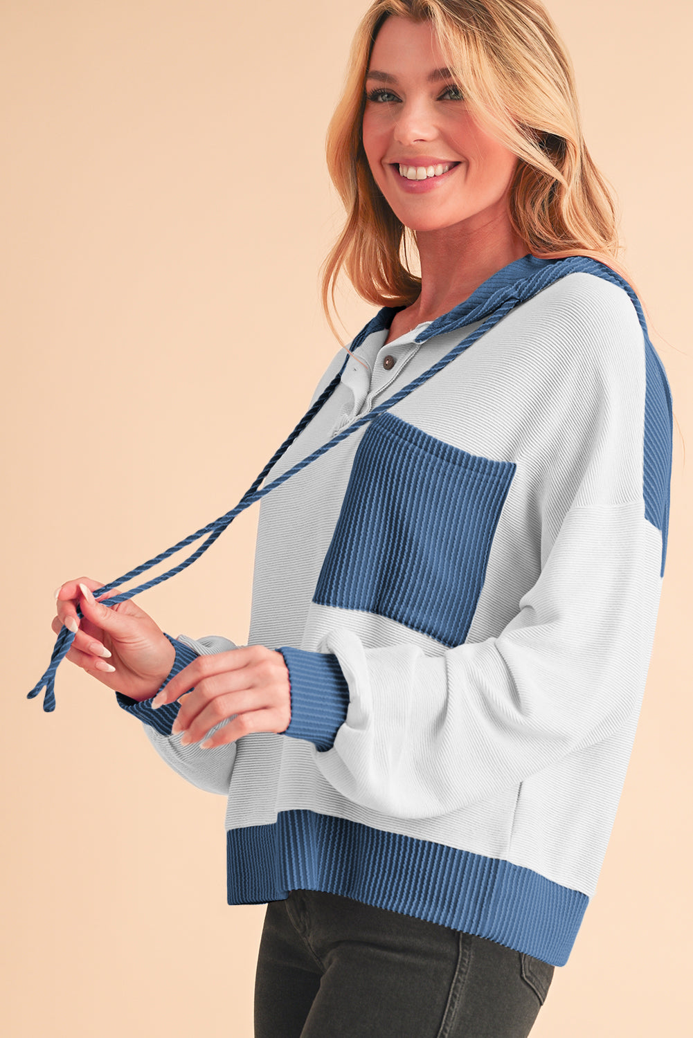 White Corded Patch Pocket Drawstring Henley Long Sleeve Top - Long Sleeve Tops