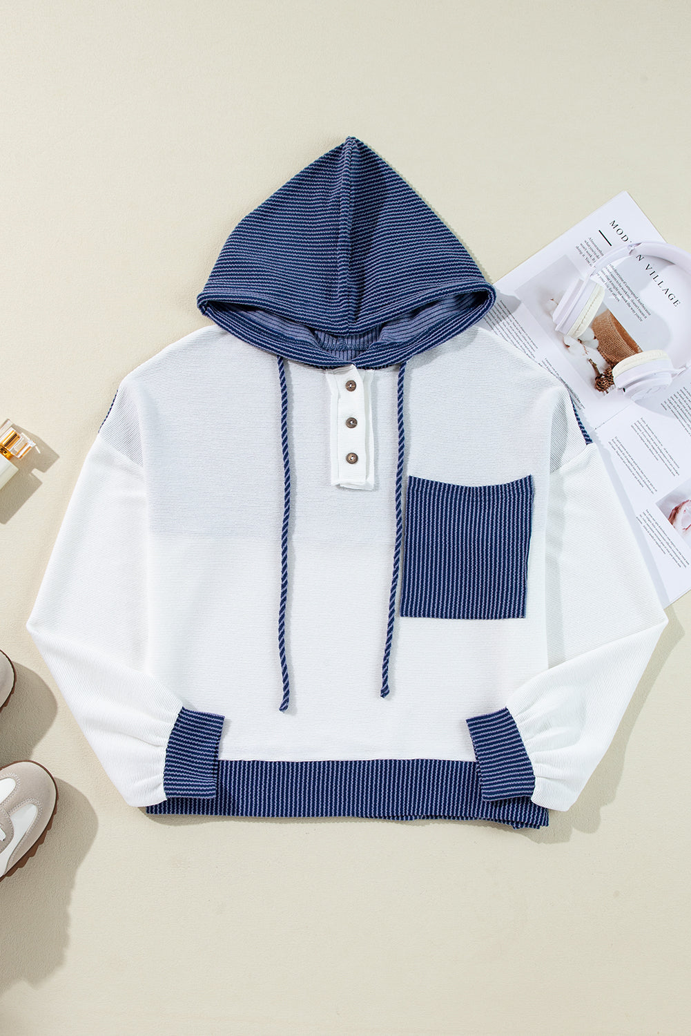 White Corded Patch Pocket Drawstring Henley Long Sleeve Top - Long Sleeve Tops