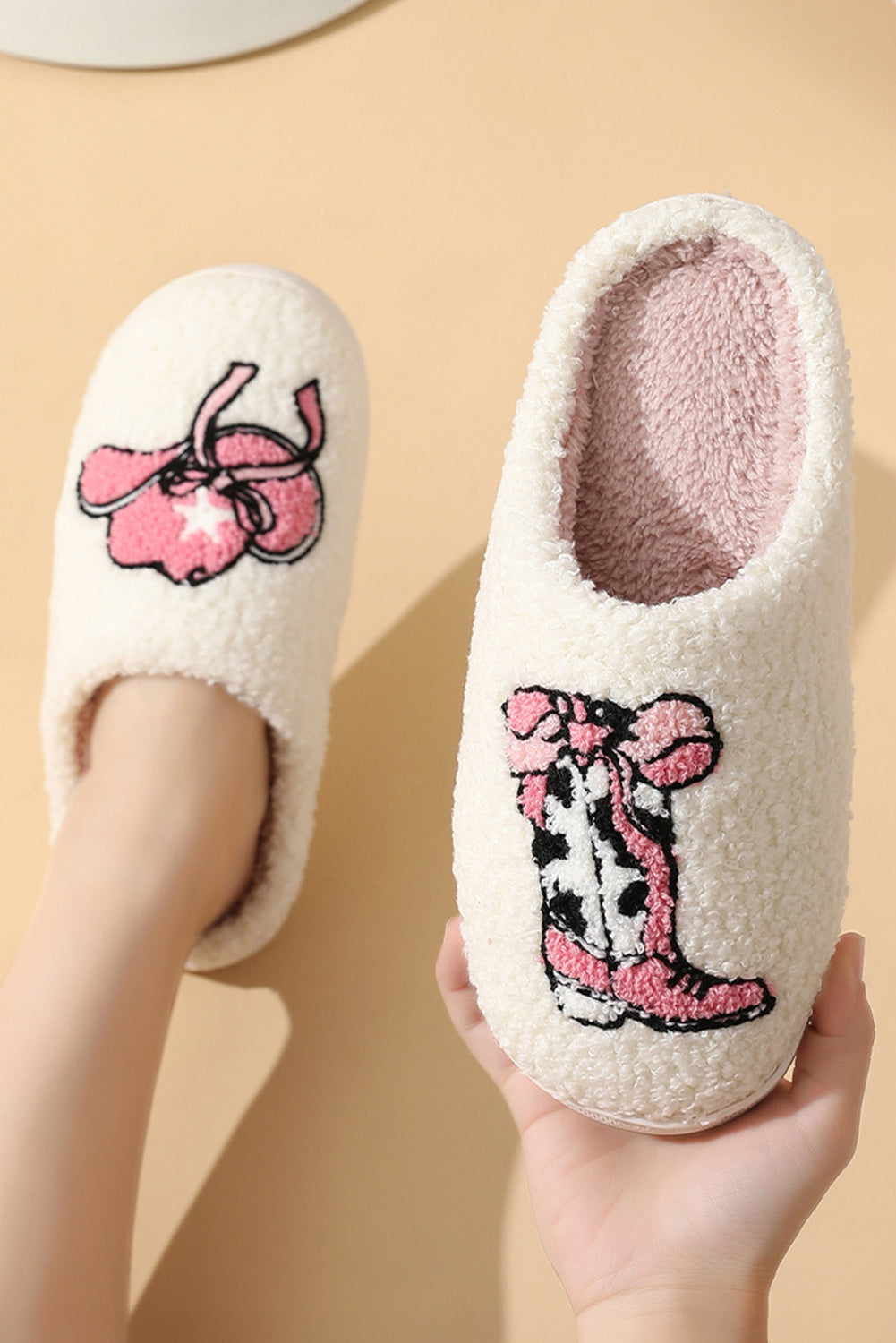 White Cowgirl Hat & Boot Printed Plush Thermal Home Slippers - MAD RUFFI