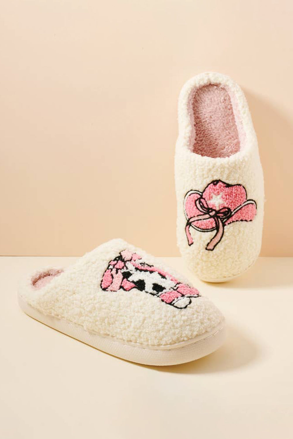 White Cowgirl Hat & Boot Printed Plush Thermal Home Slippers - MAD RUFFI