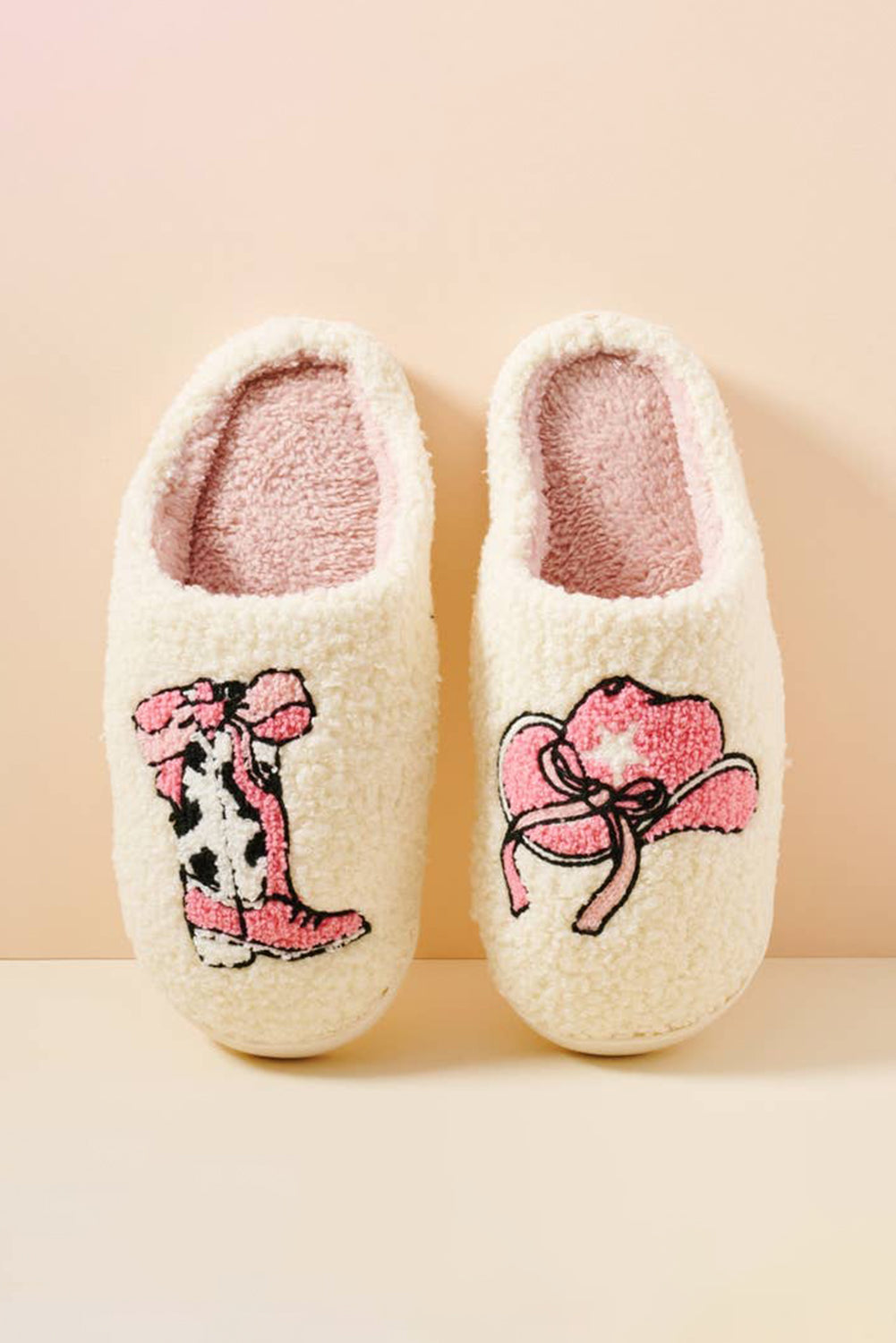 White Cowgirl Hat & Boot Printed Plush Thermal Home Slippers - MAD RUFFI