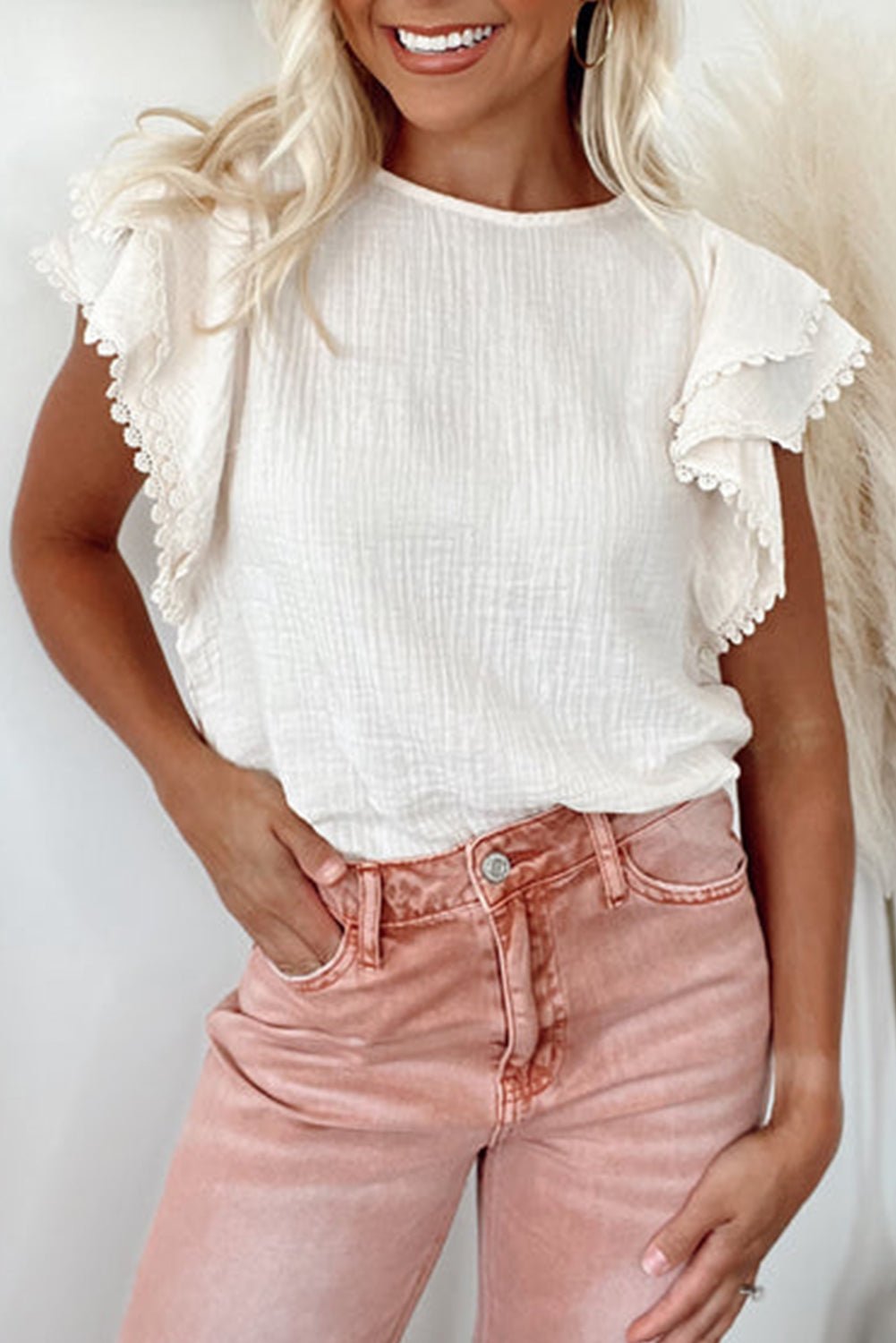White Crinkled Layered Ruffled Flutter Sleeve Blouse - MAD RUFFI