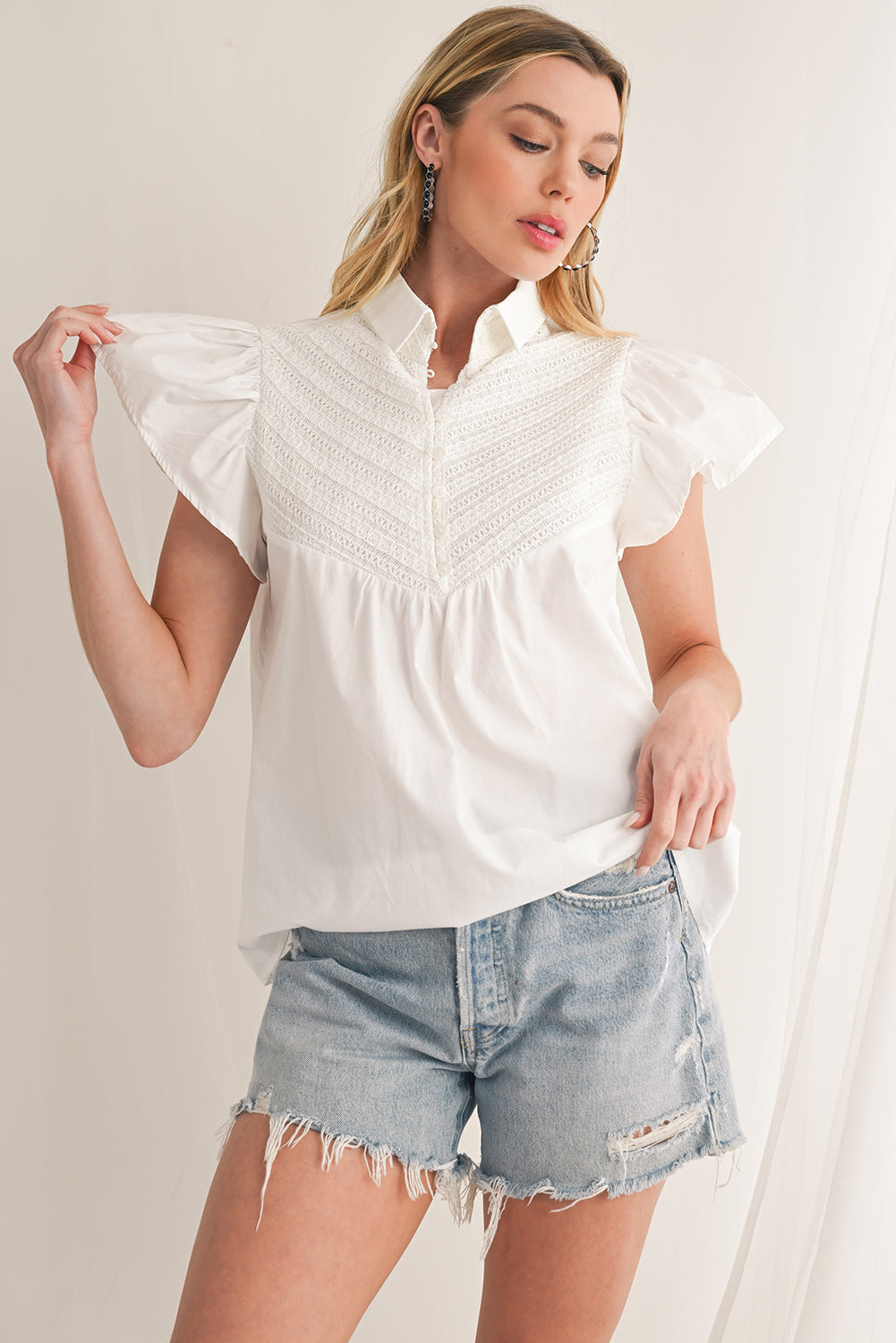 White Crochet Patchwork Ruffle Sleeve Blouse - Blouses