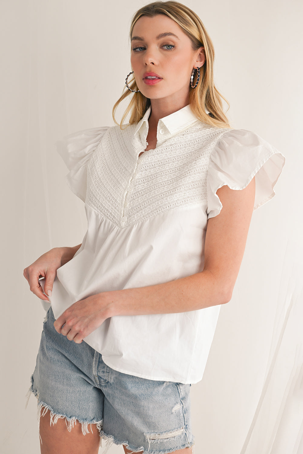 White Crochet Patchwork Ruffle Sleeve Blouse - Blouses