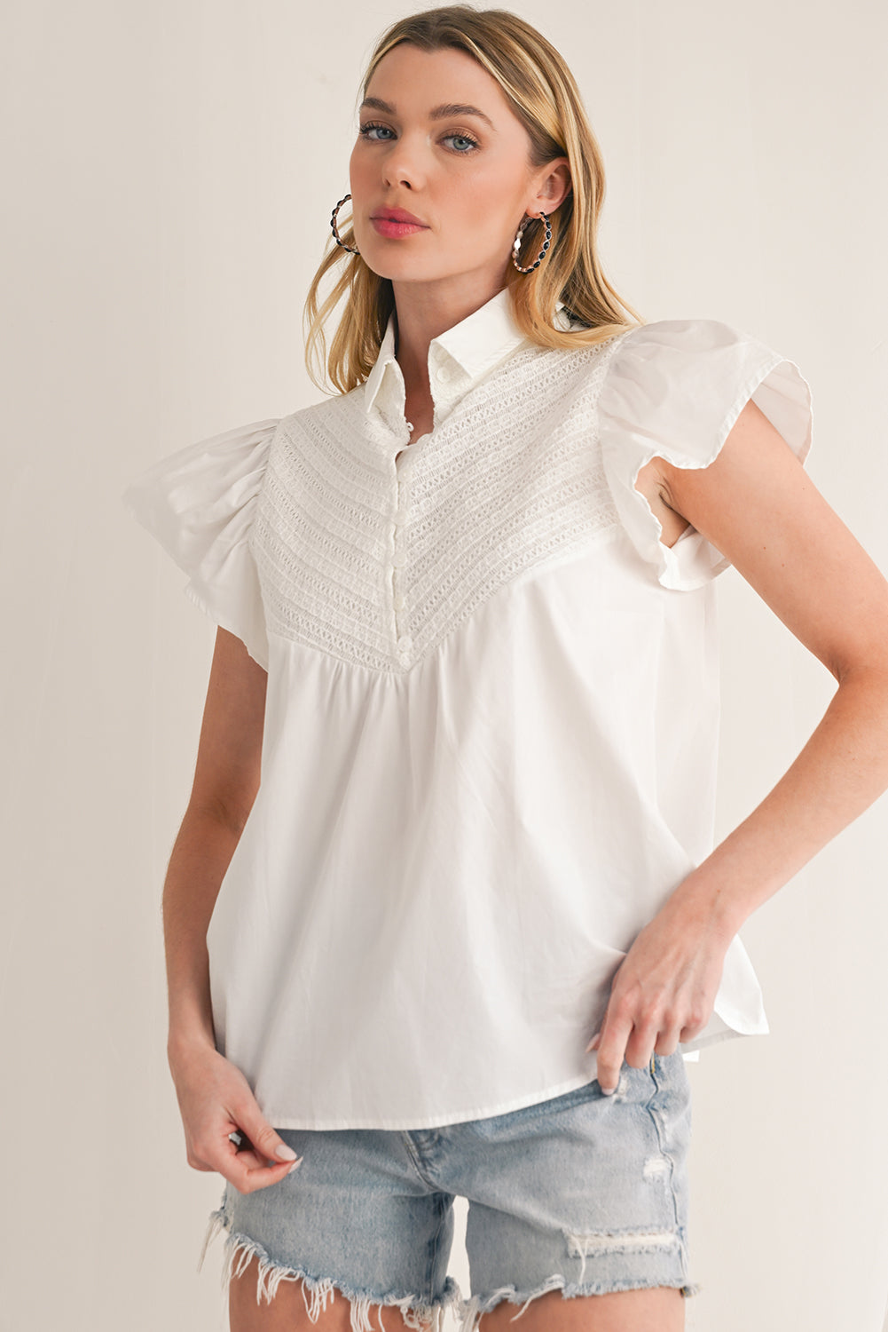 White Crochet Patchwork Ruffle Sleeve Blouse - Blouses