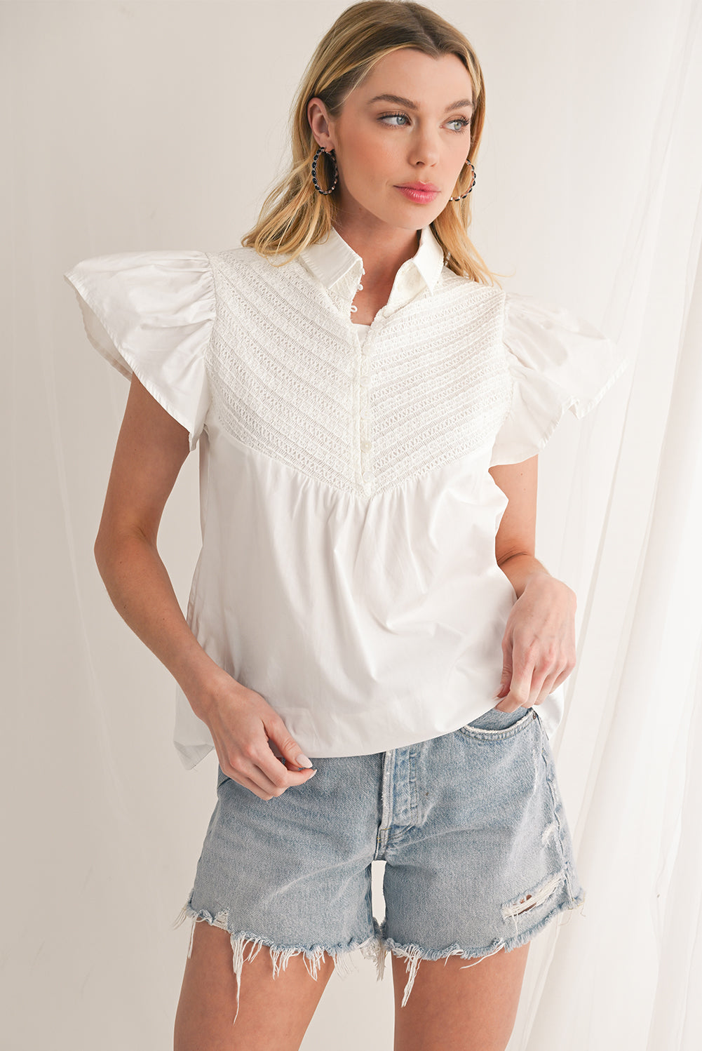 White Crochet Patchwork Ruffle Sleeve Blouse - Blouses