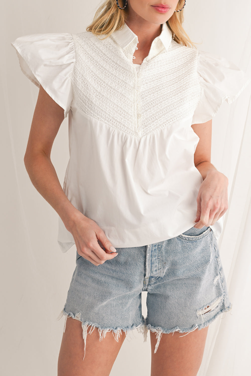 White Crochet Patchwork Ruffle Sleeve Blouse - White / S - Blouses