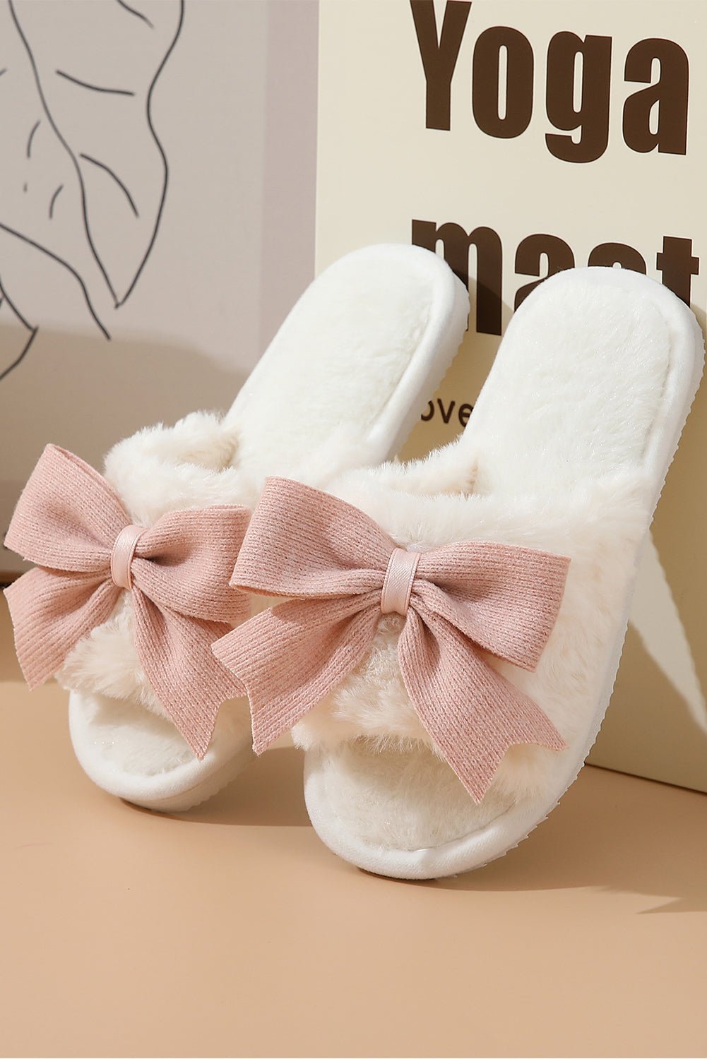 White Cute Bowknot Home Fluffy Slippers - MAD RUFFI