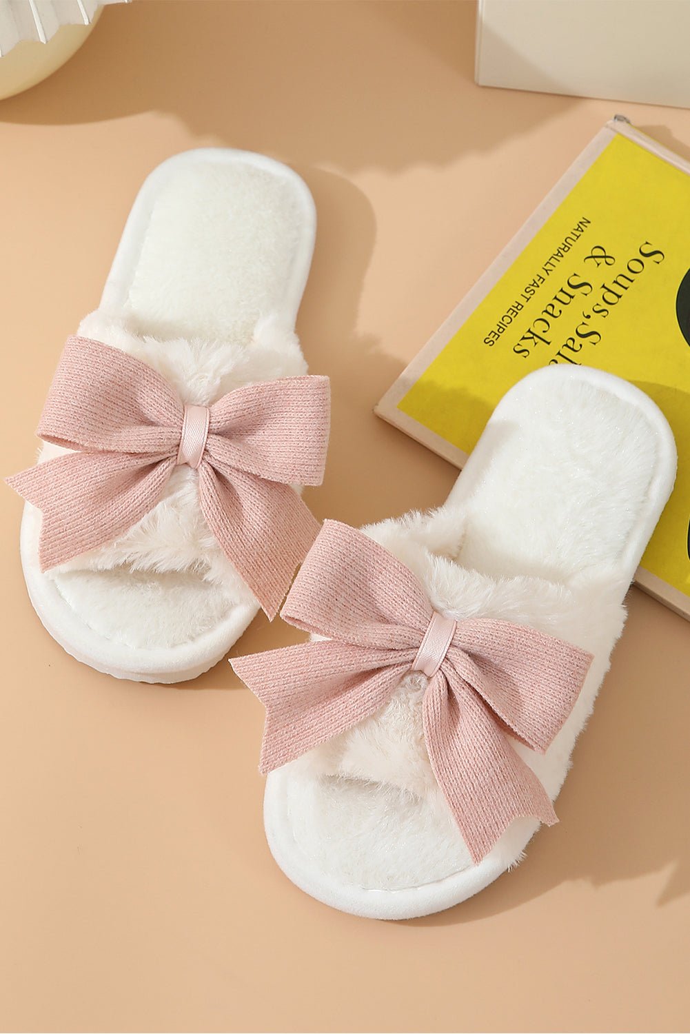 White Cute Bowknot Home Fluffy Slippers - MAD RUFFI