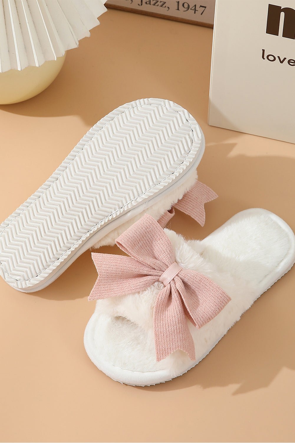 White Cute Bowknot Home Fluffy Slippers - MAD RUFFI