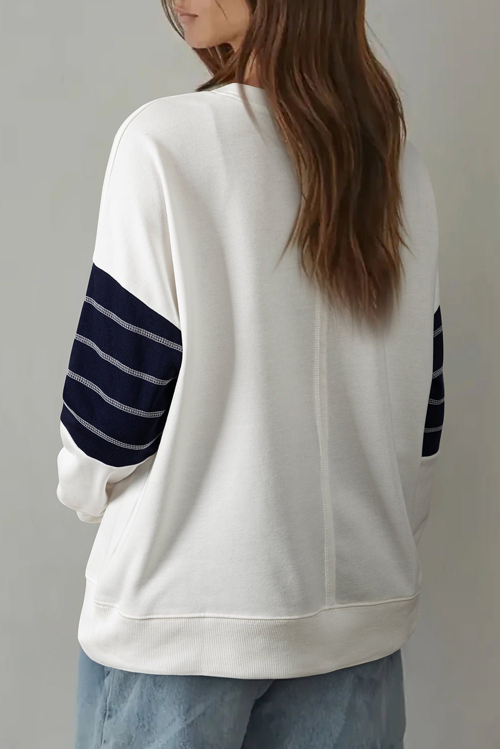 White Denim Patchwork Ribbed Round Neck Pullover Sweatshirt - MAD RUFFI