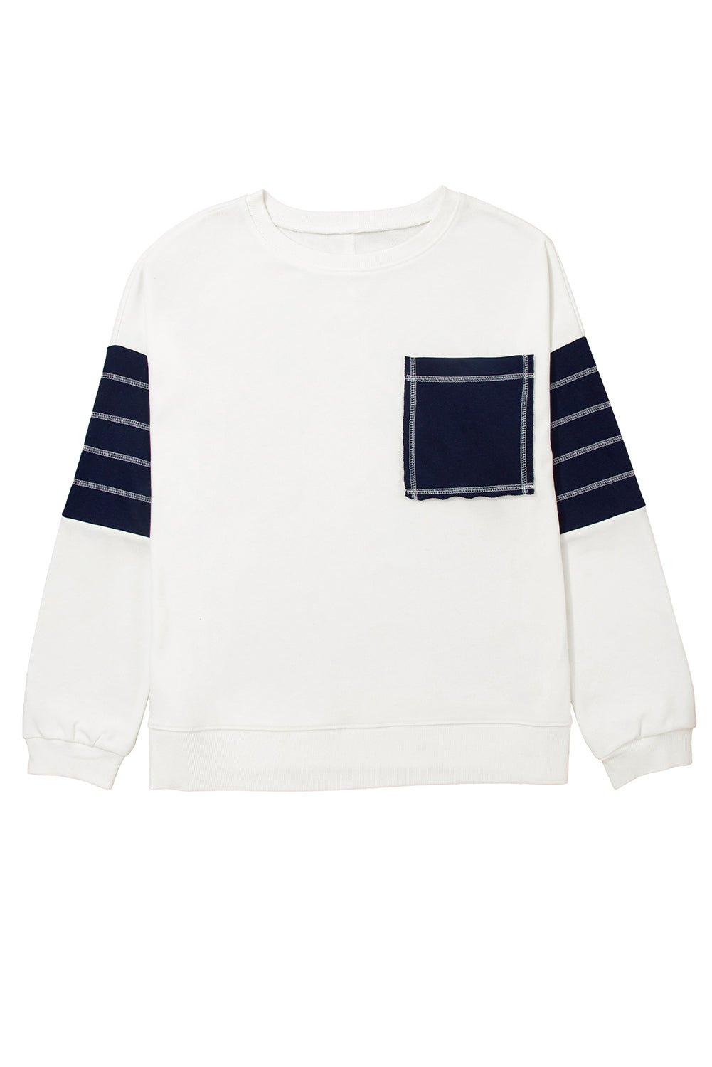 White Denim Patchwork Ribbed Round Neck Pullover Sweatshirt - MAD RUFFI