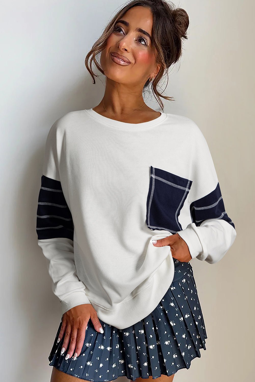 White Denim Patchwork Ribbed Round Neck Pullover Sweatshirt - MAD RUFFI