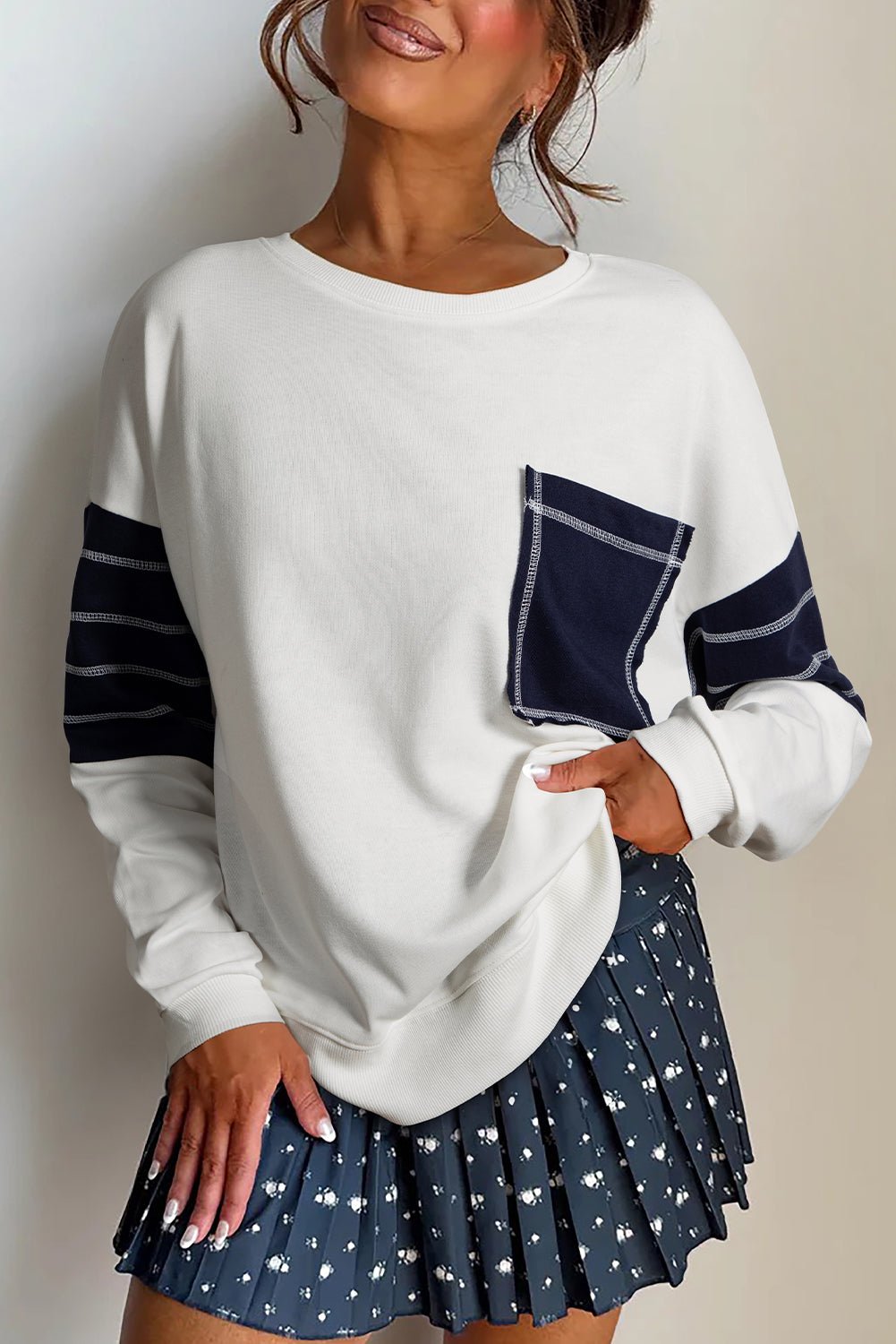 White Denim Patchwork Ribbed Round Neck Pullover Sweatshirt - MAD RUFFI