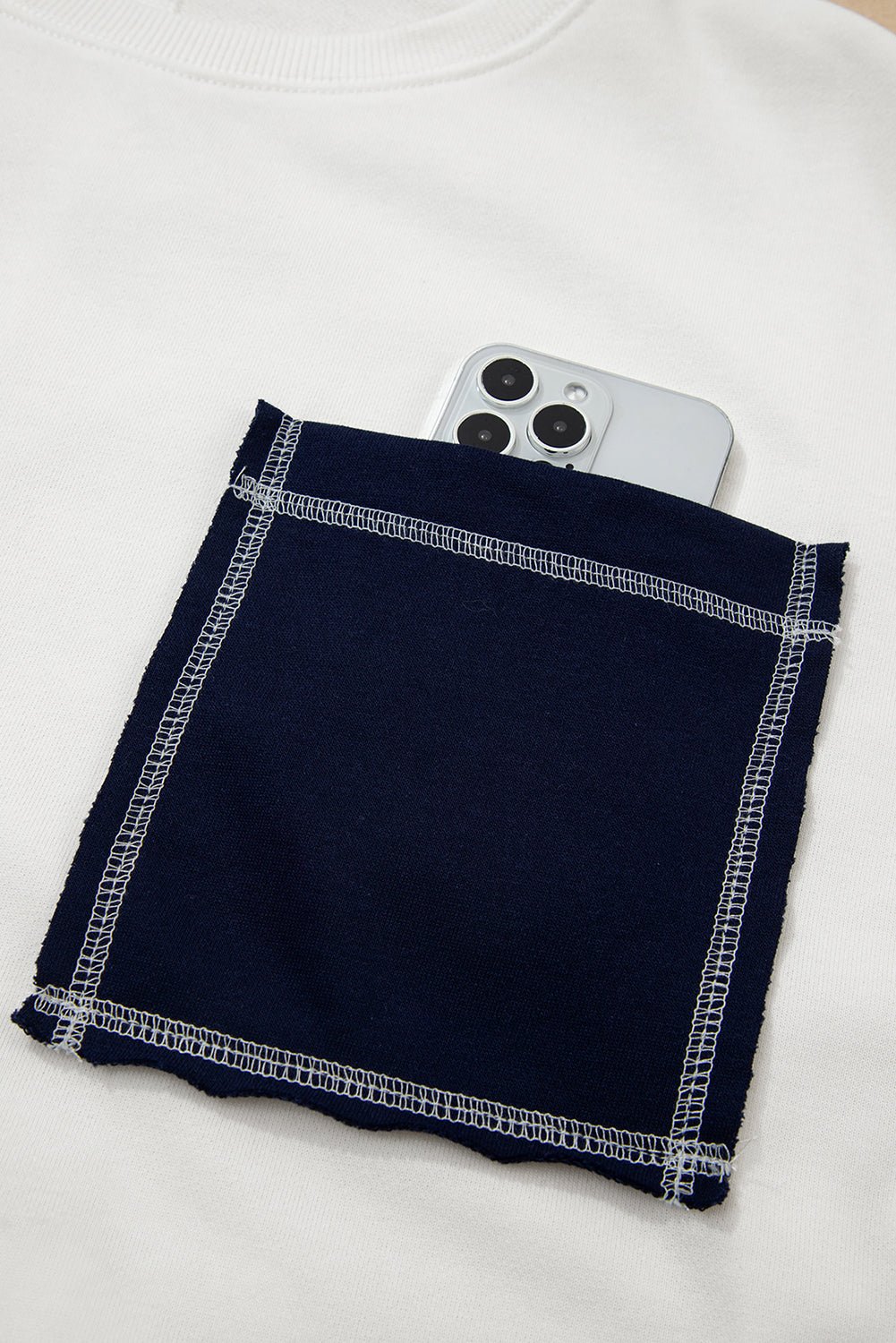 White Denim Patchwork Ribbed Round Neck Pullover Sweatshirt - MAD RUFFI