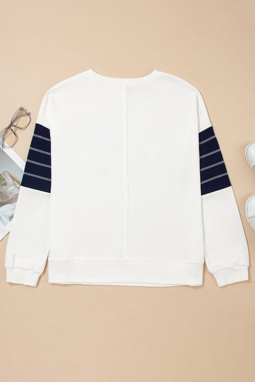 White Denim Patchwork Ribbed Round Neck Pullover Sweatshirt - MAD RUFFI