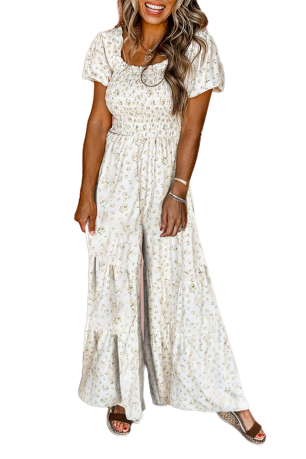 White Ditsy Floral Smocked Puff Sleeve High Waist Jumpsuit - MAD RUFFI