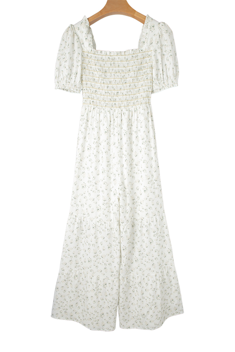 White Ditsy Floral Smocked Puff Sleeve High Waist Jumpsuit - MAD RUFFI