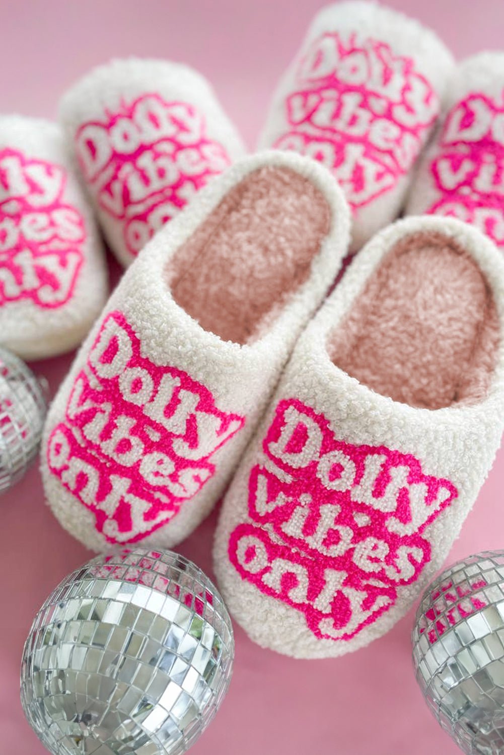 White Dolly Vibes Only Slip On Plush Slippers - MAD RUFFI