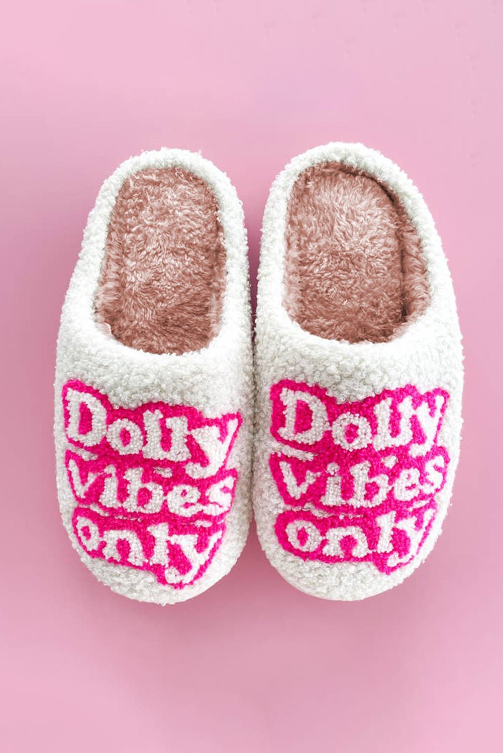 White Dolly Vibes Only Slip On Plush Slippers - MAD RUFFI