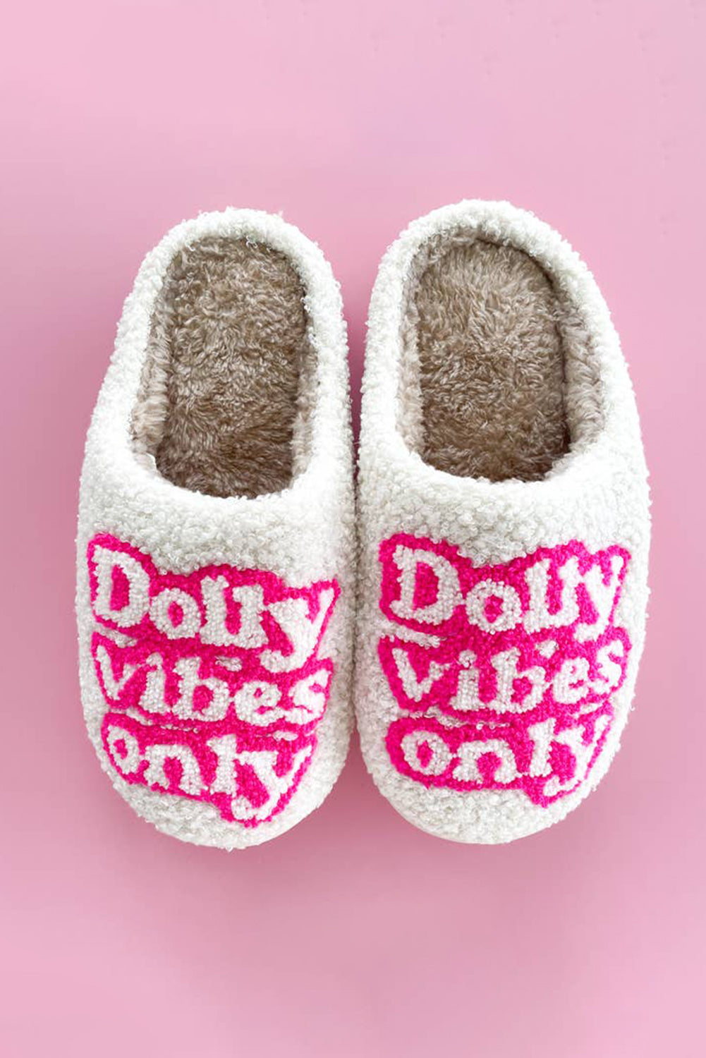 White Dolly Vibes Only Slip On Plush Slippers - MAD RUFFI