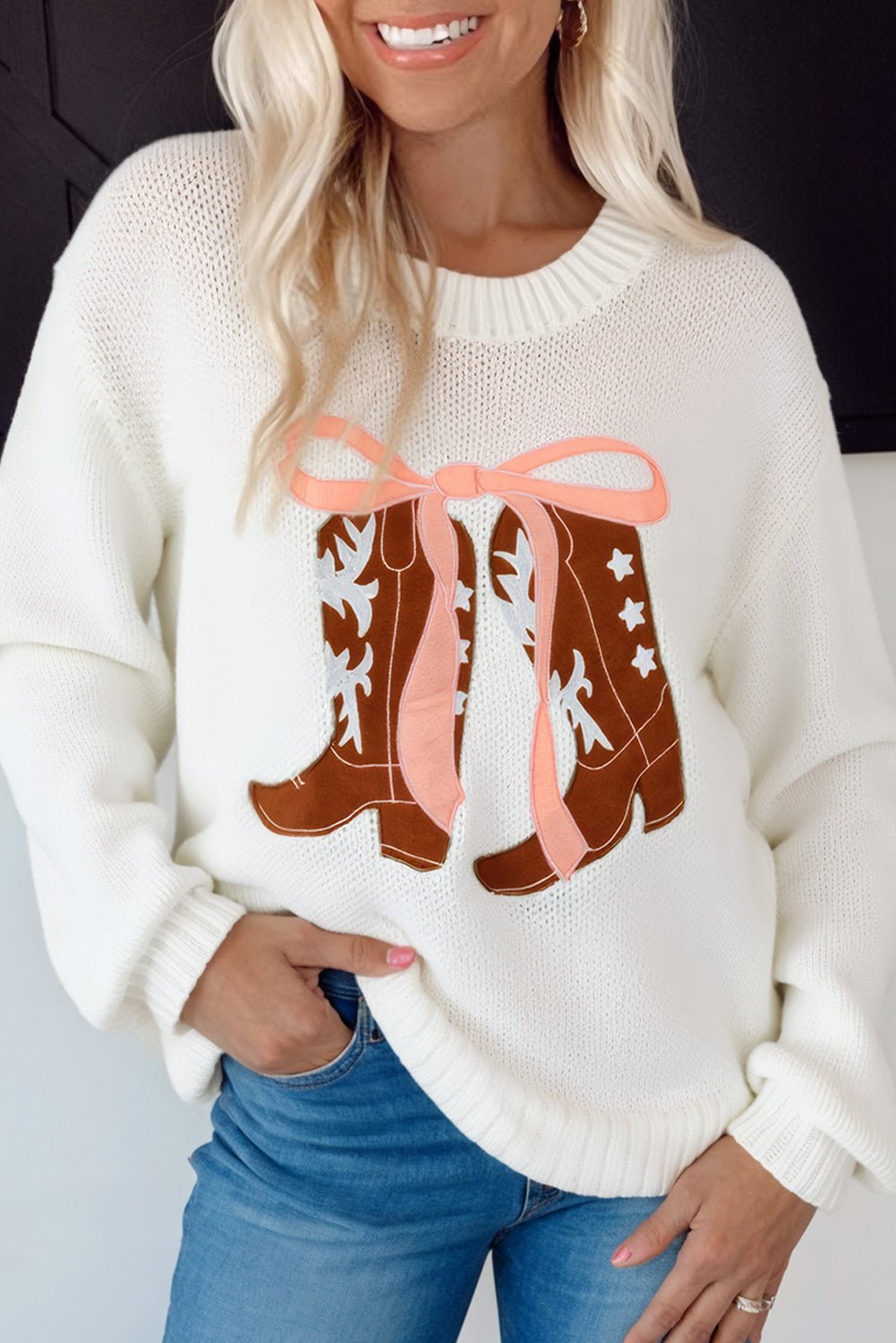White Embroidered Bow Boots Graphic Drop Shoulder Sweater - MAD RUFFI