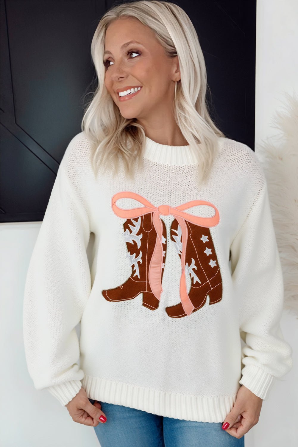 White Embroidered Bow Boots Graphic Drop Shoulder Sweater - MAD RUFFI